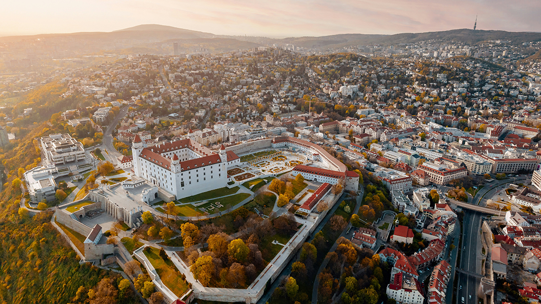 A panoramic view of Bratislava reveals the compact Danube capital with its rich Central European history.