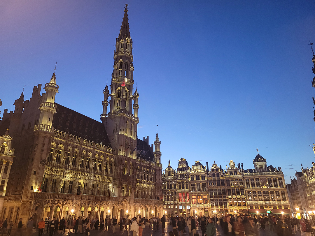 Illuminated Grand Place in Brussels showcases the rich historic architecture of the Belgian capital.
