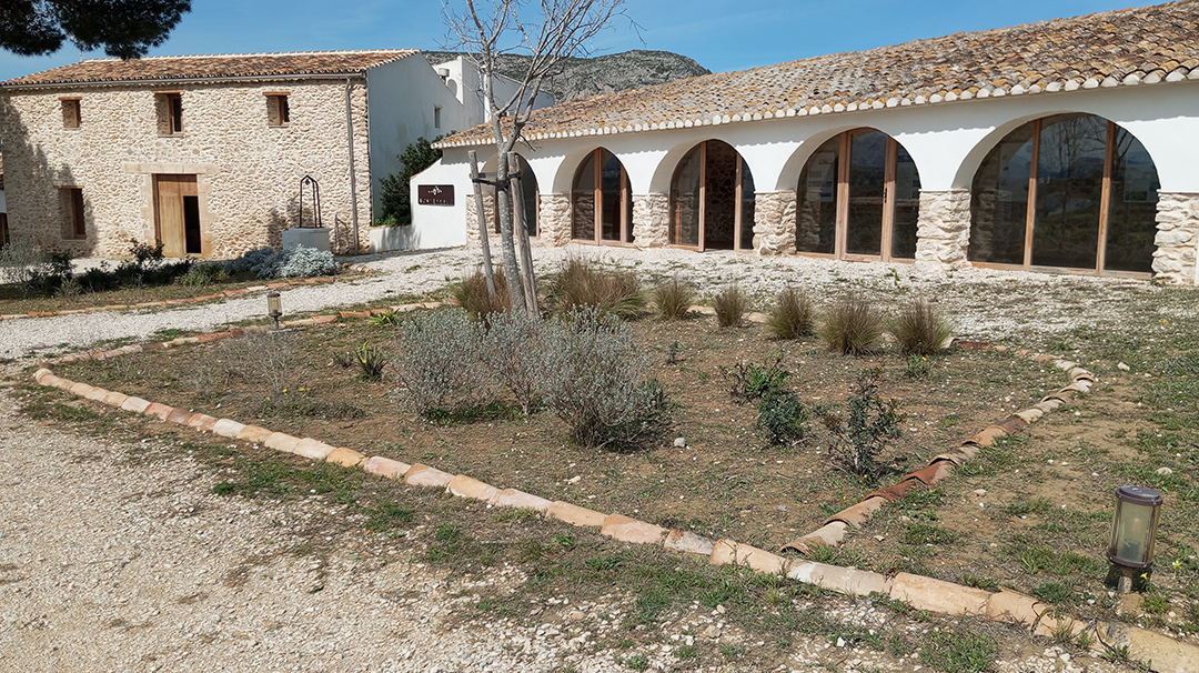 Rural estate of Montesanco winery showcases the traditional wine landscape near Alicante in Spain.