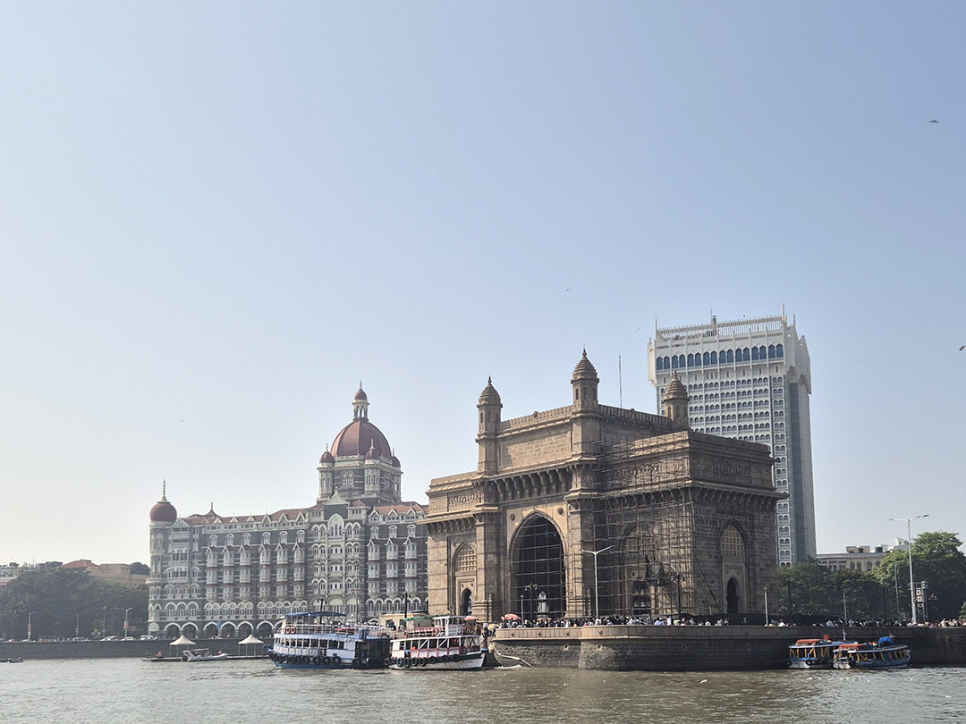 The famous Gateway of India arch on the Arabian Sea waterfront symbolizes Mumbai’s colonial history.