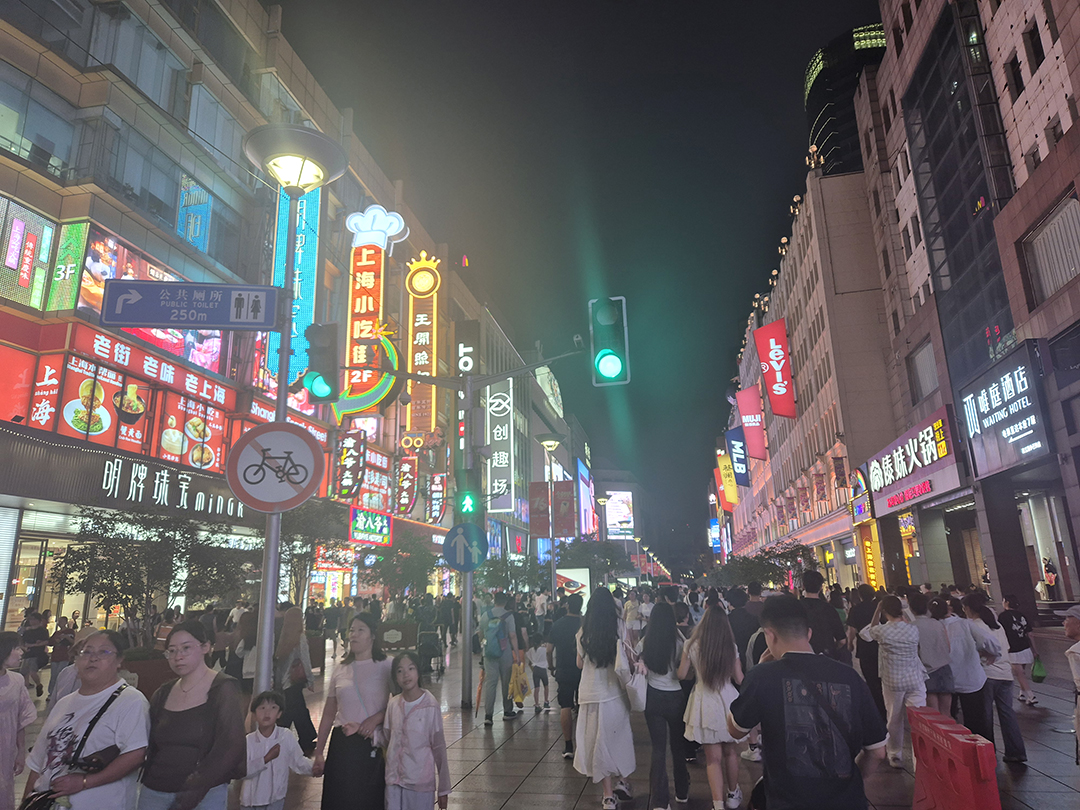 The lively streets of Shanghai at night reflect the energy, neon lights, and urban life of modern China.