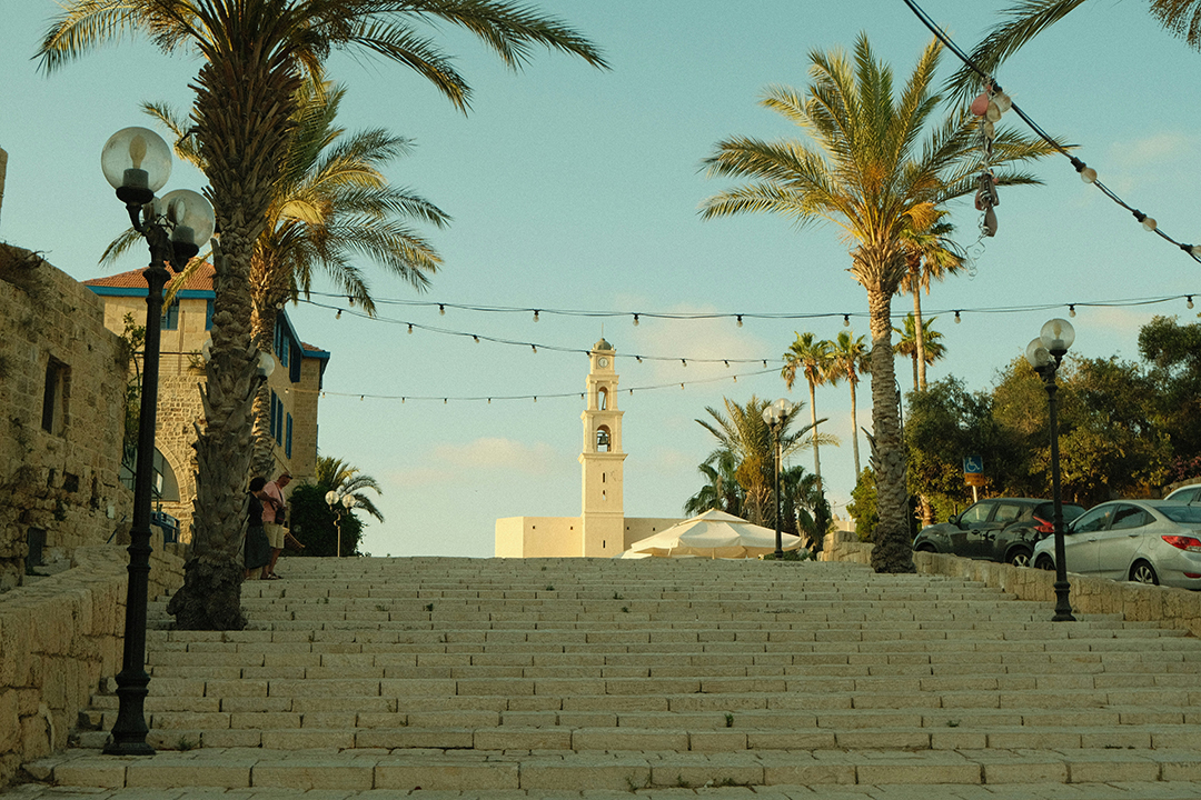 Historic stone stairs and palm trees in Old Jaffa create the characteristic Mediterranean atmosphere of Tel Aviv.