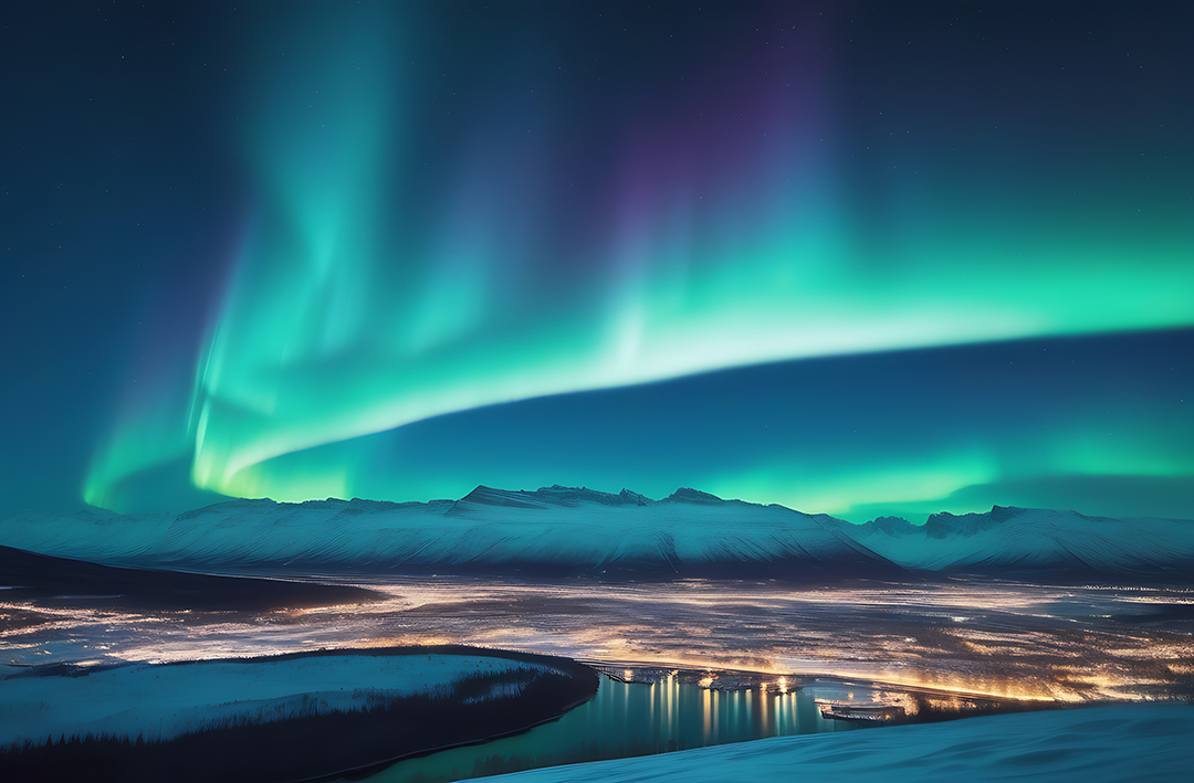 The Northern Lights illuminate the night sky above Iceland's snowy landscape, creating one of the country's most sought-after winter travel experiences.