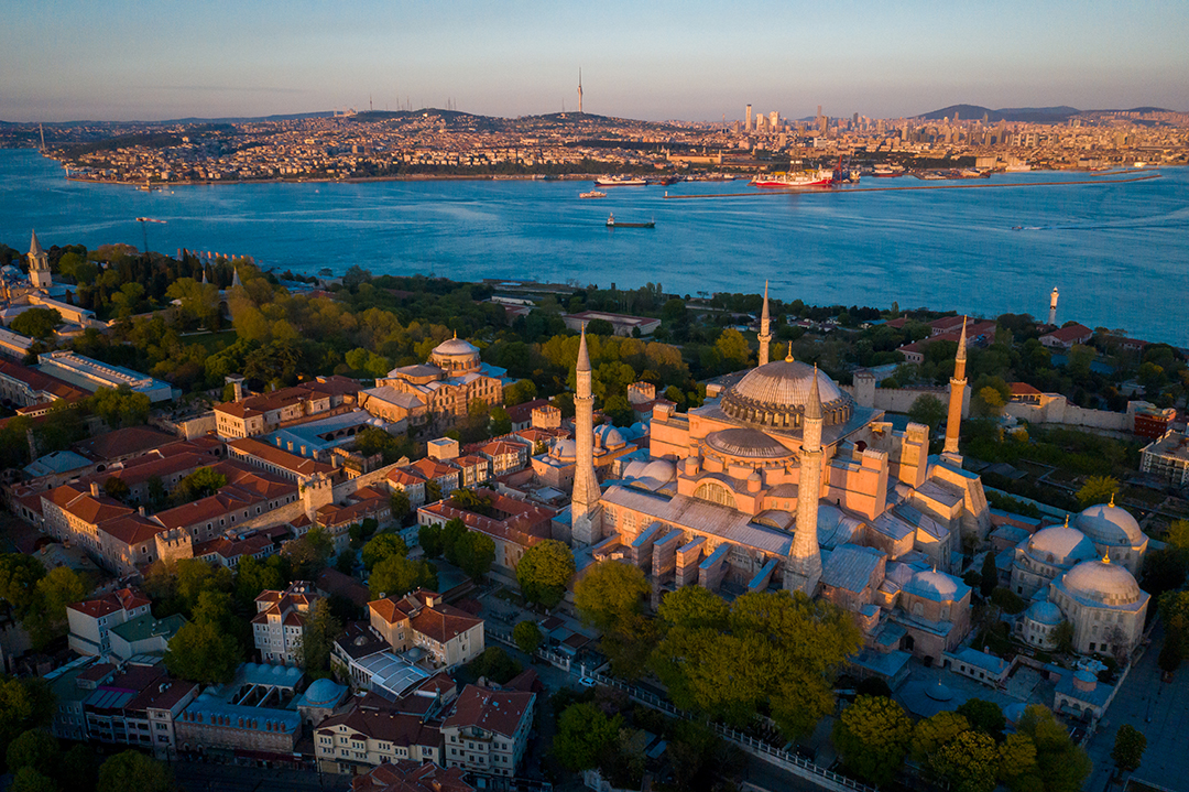 Aerial view of Hagia Sophia and Istanbul's historic centre.