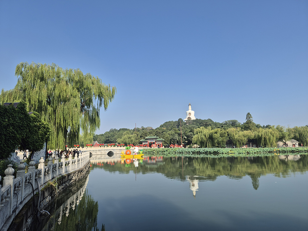 Peaceful lake in Beihai Park with the White Dagoba on the hill, willow trees along the shore and reflections on the water.