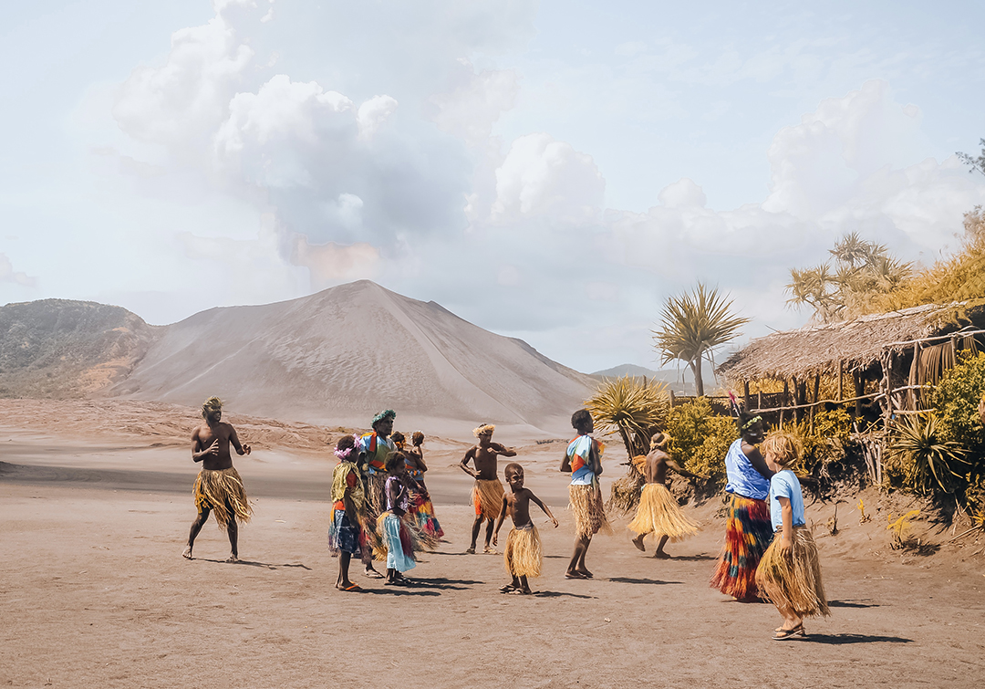 Local people on Tanna Island perform a traditional kastom dance near the active Mount Yasur volcano, an important part of Vanuatu's cultural heritage.